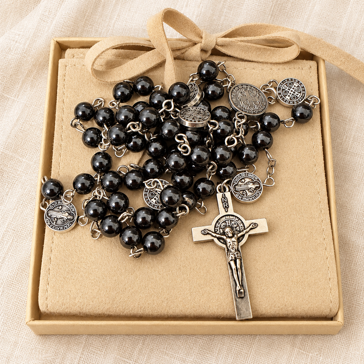 Black bead Saint Benedict rosary with silver-tone medals and crucifix, in a beige gift box